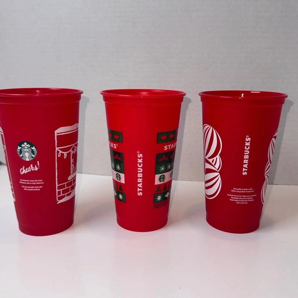 Starbucks Reusable Hot Cups Unisex 16oz Red Holiday Christmas Set of 3 Recycled